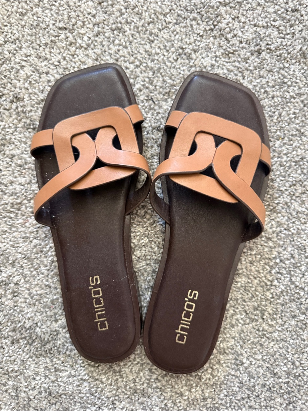 Chico's Brown Footbed Slide Sandals with Tan Interlocking Straps